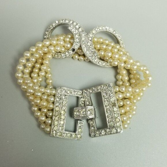 Vintage Six Strand Faux Pearl and Rhinestone Clasp Bracelet, Retro Fancy Formal - Picture 2 of 10